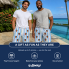 Friends in matching Men's Seahorse Serenade Custom Face Beach Shorts — a group gift photo