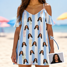 Woman wearing Women's Seahorse Serenade Custom Face Off-Shoulder Dress — custom faces printed all-over