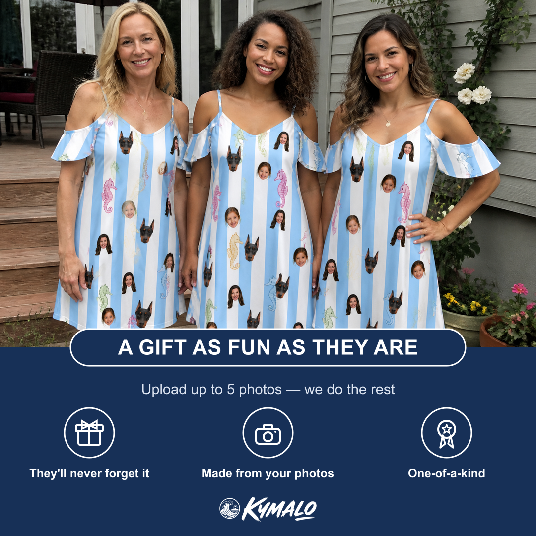 Friends in matching Women's Seahorse Serenade Custom Face Off-Shoulder Dress — a group gift photo