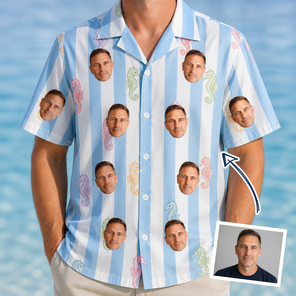 Man wearing Men's Seahorse Serenade Custom Face Hawaiian Shirt — custom faces printed all-over