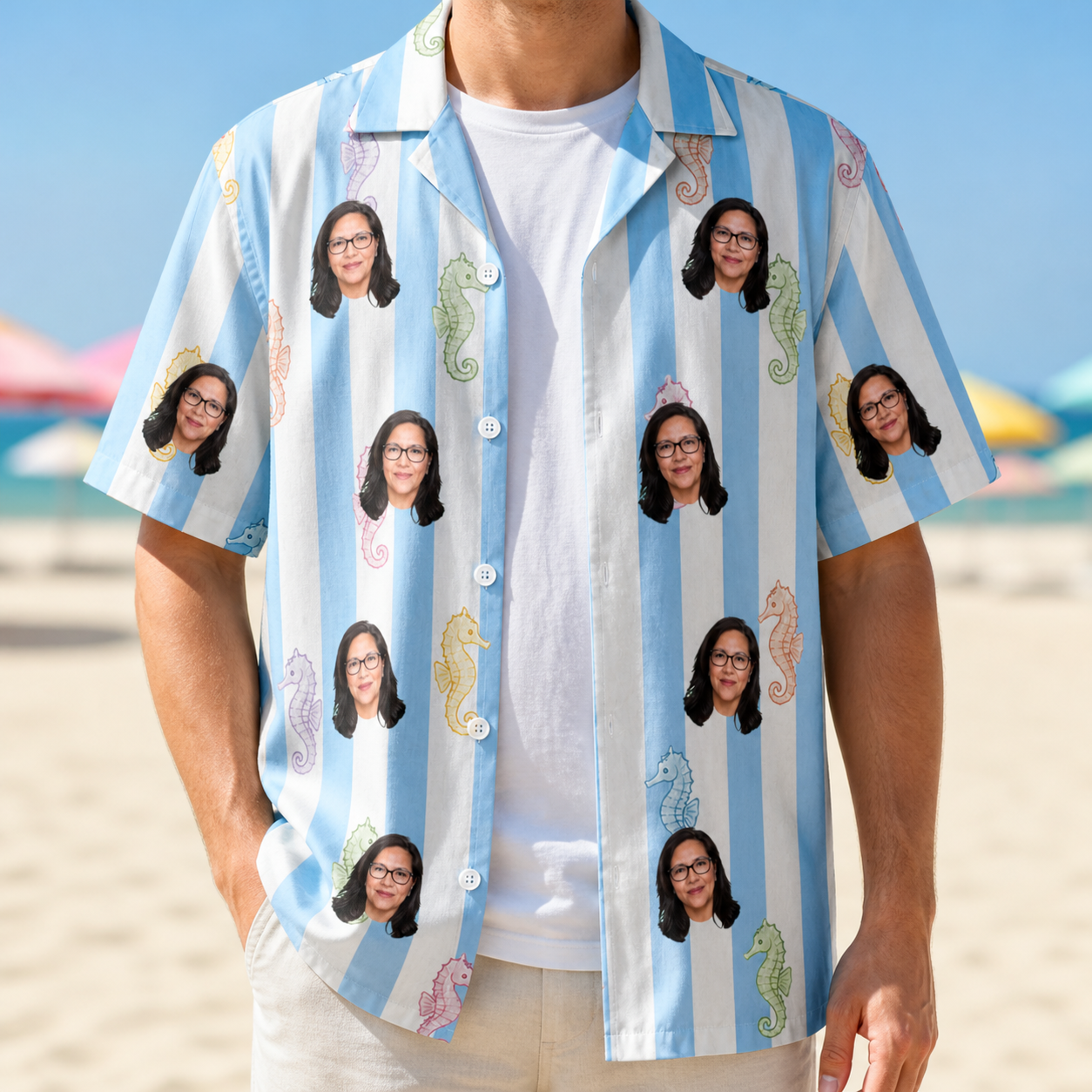 Man wearing Men's Seahorse Serenade Custom Face Hawaiian Shirt open over a white tee