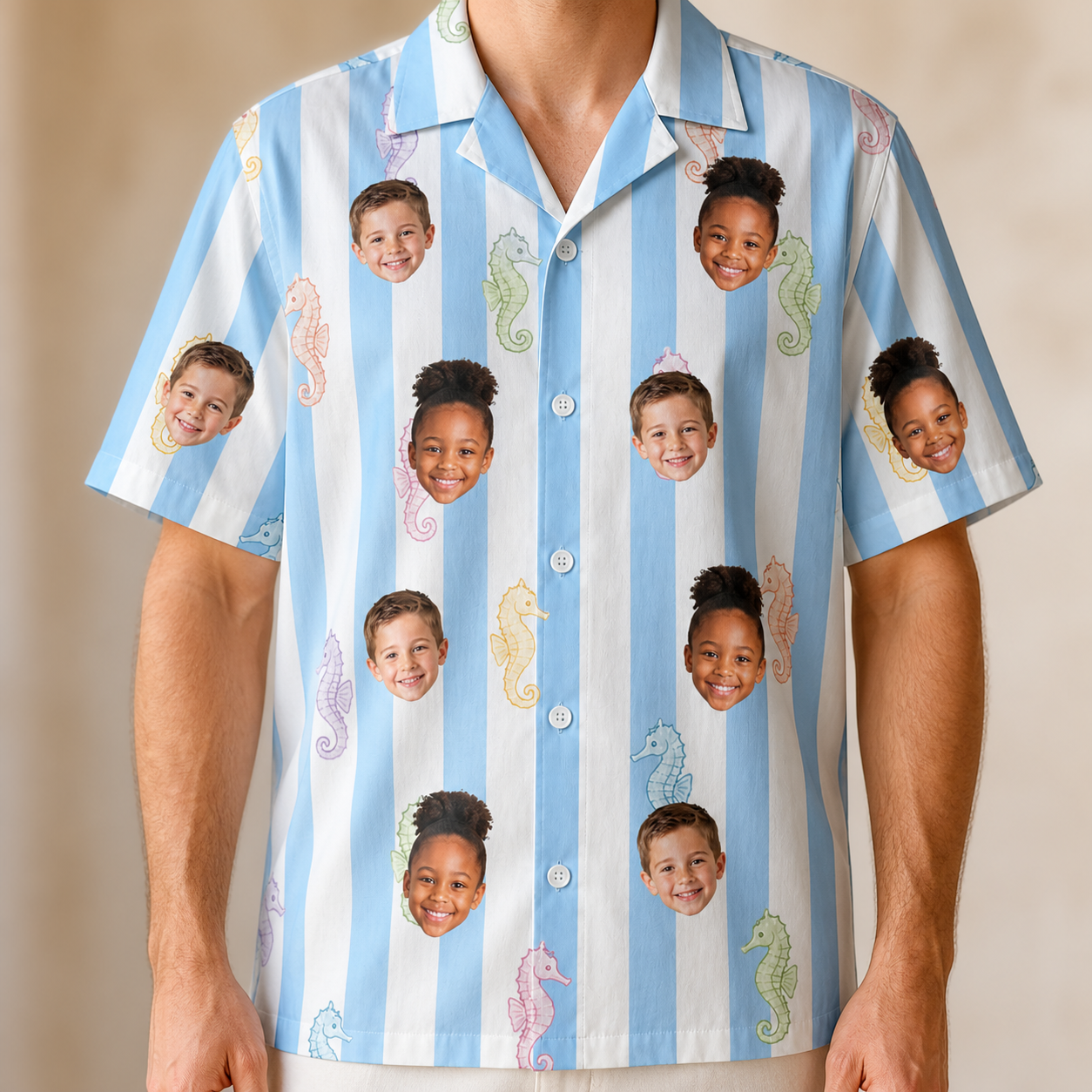 Model wearing Men's Seahorse Serenade Custom Face Hawaiian Shirt printed with kids' faces