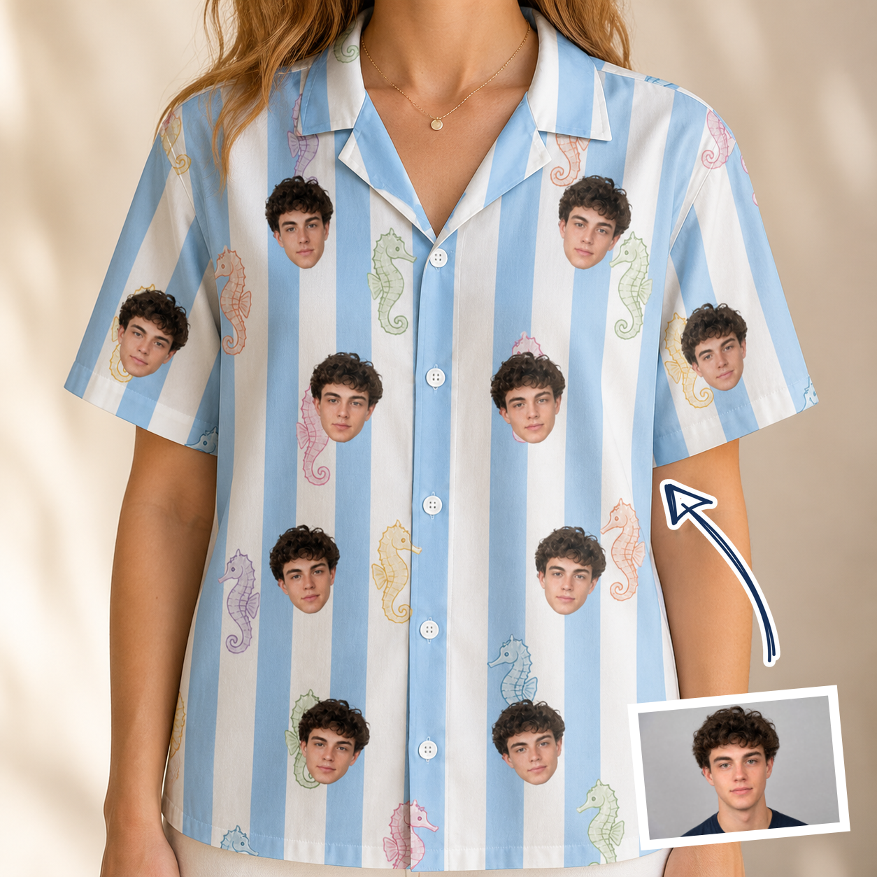 Woman wearing Women's Seahorse Serenade Custom Face Hawaiian Shirt — custom faces printed all-over
