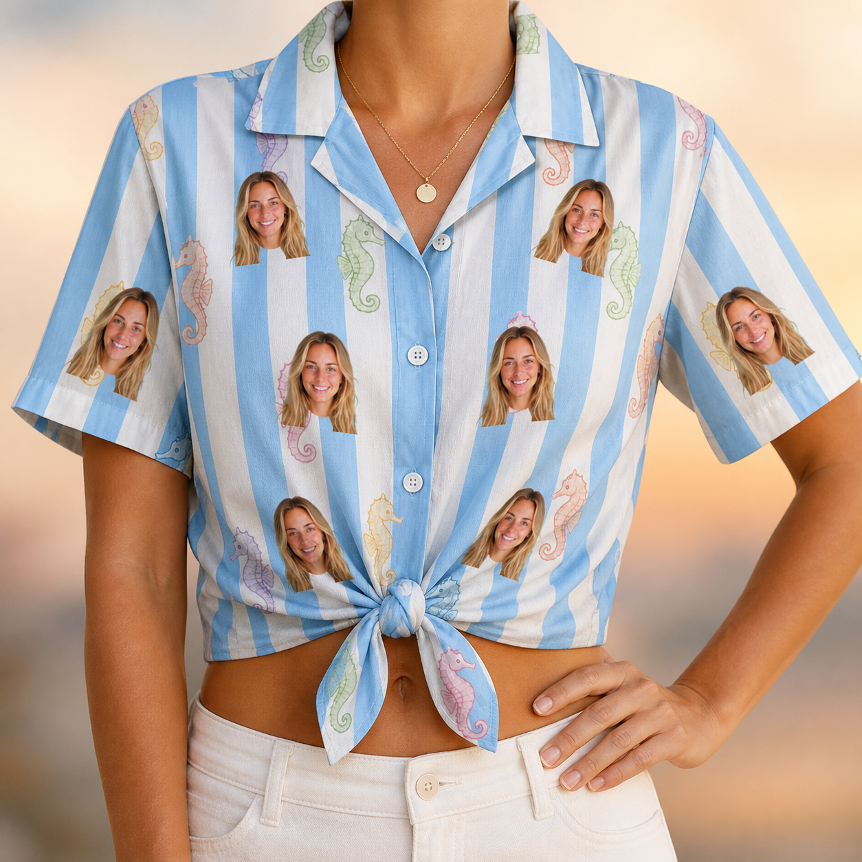Woman wearing Women's Seahorse Serenade Custom Face Hawaiian Shirt tied at the waist