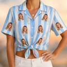 Woman wearing Women's Seahorse Serenade Custom Face Hawaiian Shirt tied at the waist