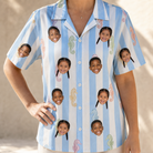Model wearing Women's Seahorse Serenade Custom Face Hawaiian Shirt printed with kids' faces