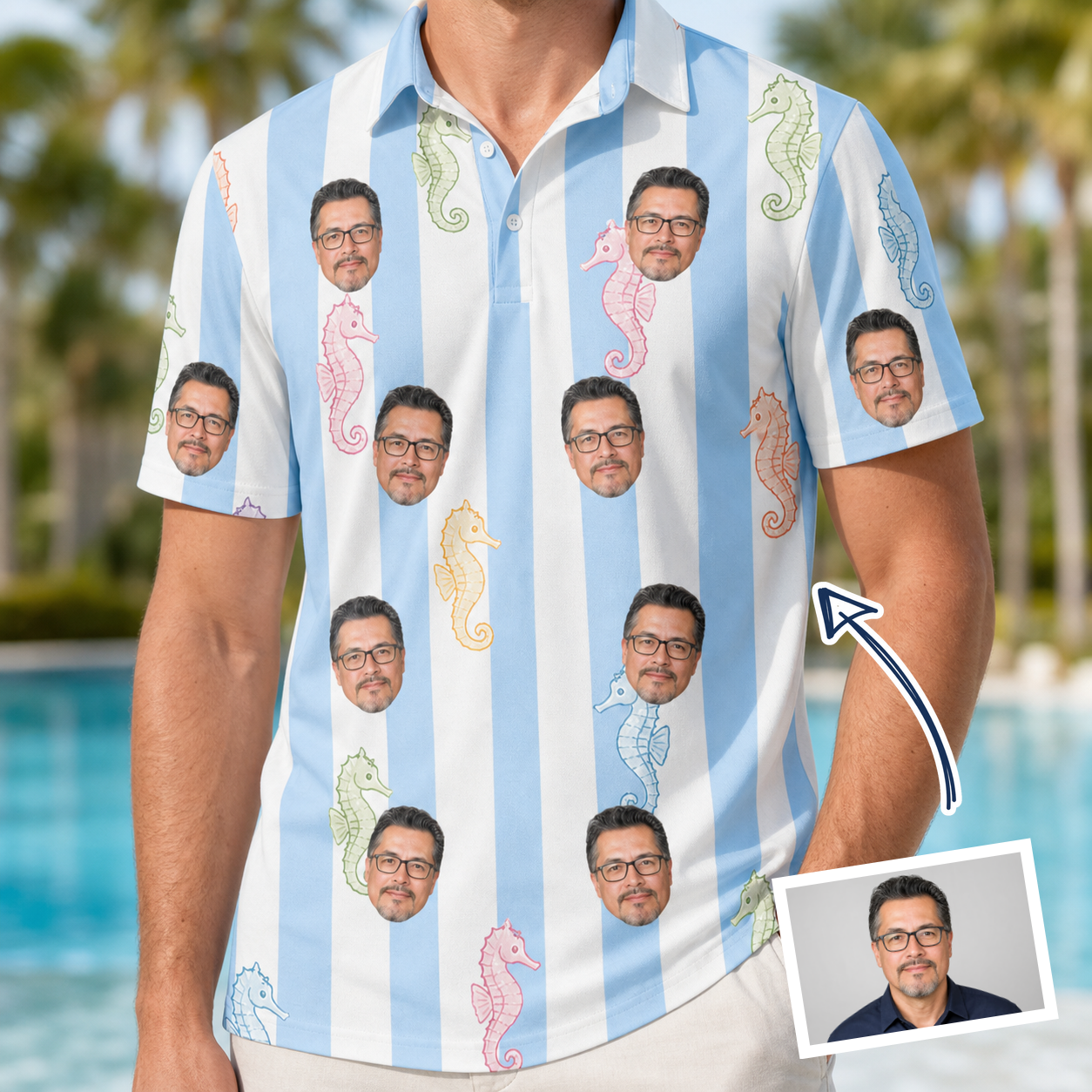 Man wearing Men's Seahorse Serenade Custom Face Polo Shirt — custom faces printed all-over