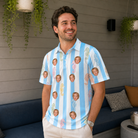 Real-life photo of someone wearing Men's Seahorse Serenade Custom Face Polo Shirt — custom faces printed all-over