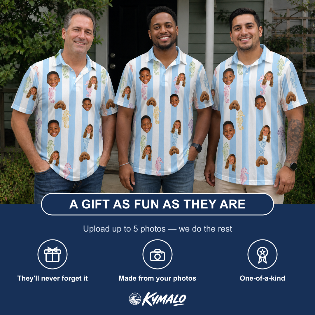 Friends in matching Men's Seahorse Serenade Custom Face Polo Shirt — a group gift photo