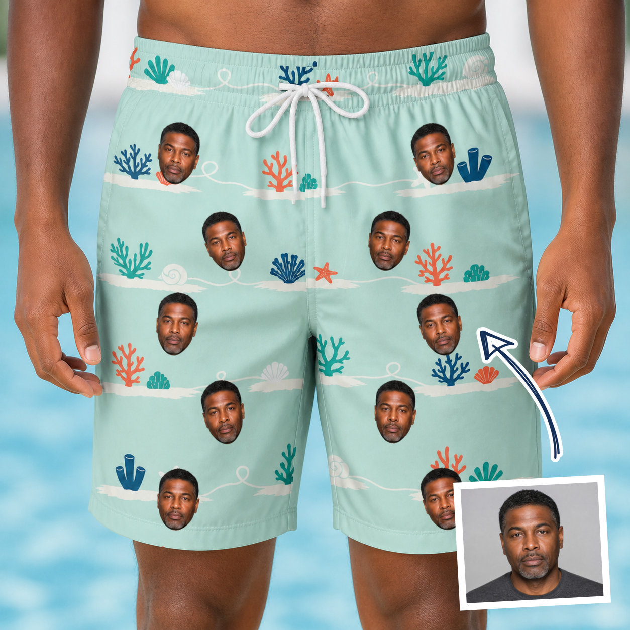 Man wearing Men's Coral Current Custom Face Beach Shorts — custom faces printed all-over