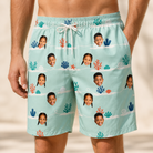 Model wearing Men's Coral Current Custom Face Beach Shorts printed with kids' faces