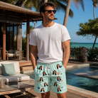 Real-life photo of someone wearing Men's Coral Current Custom Face Beach Shorts — custom faces printed all-over