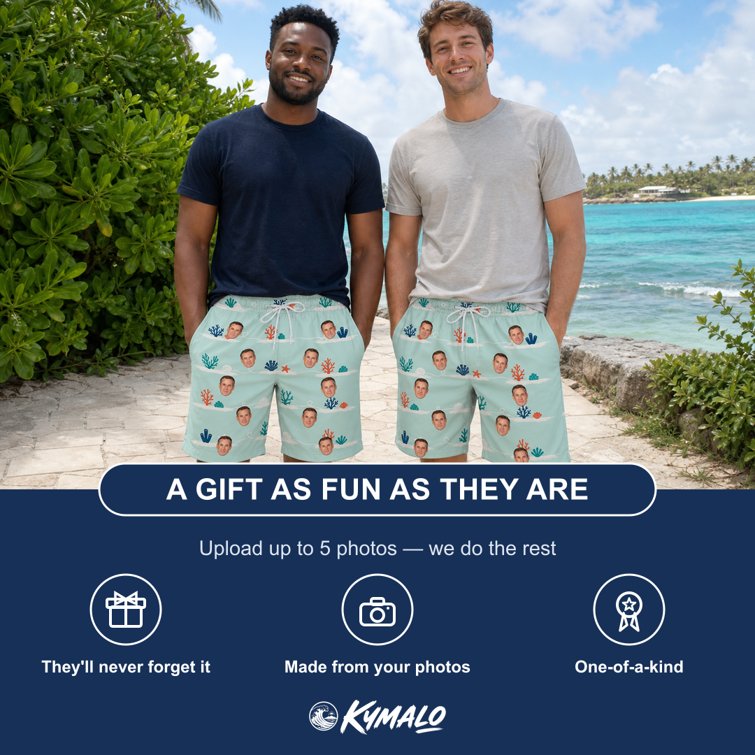 Friends in matching Men's Coral Current Custom Face Beach Shorts — a group gift photo