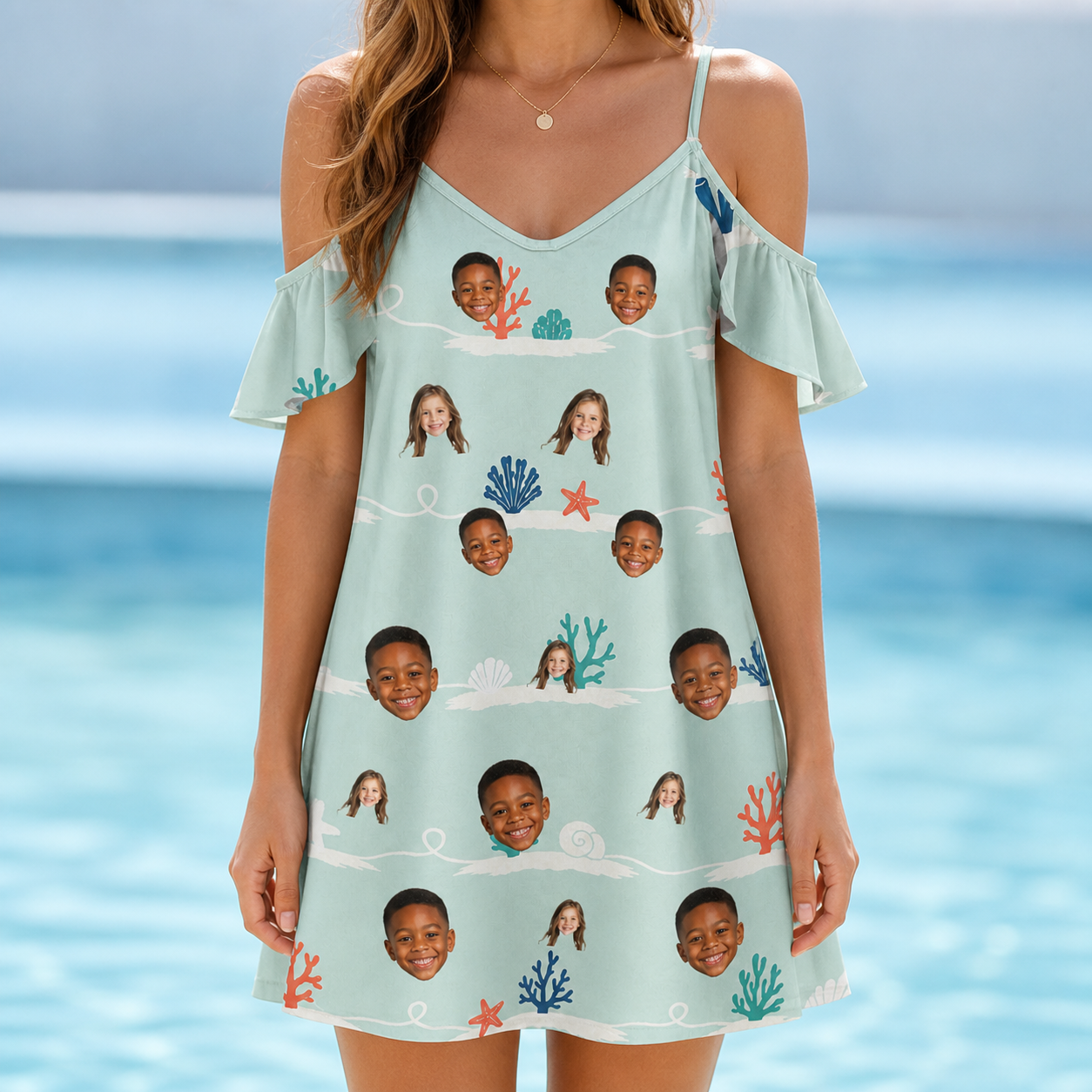 Model wearing Women's Coral Current Custom Face Off-Shoulder Dress printed with kids' faces