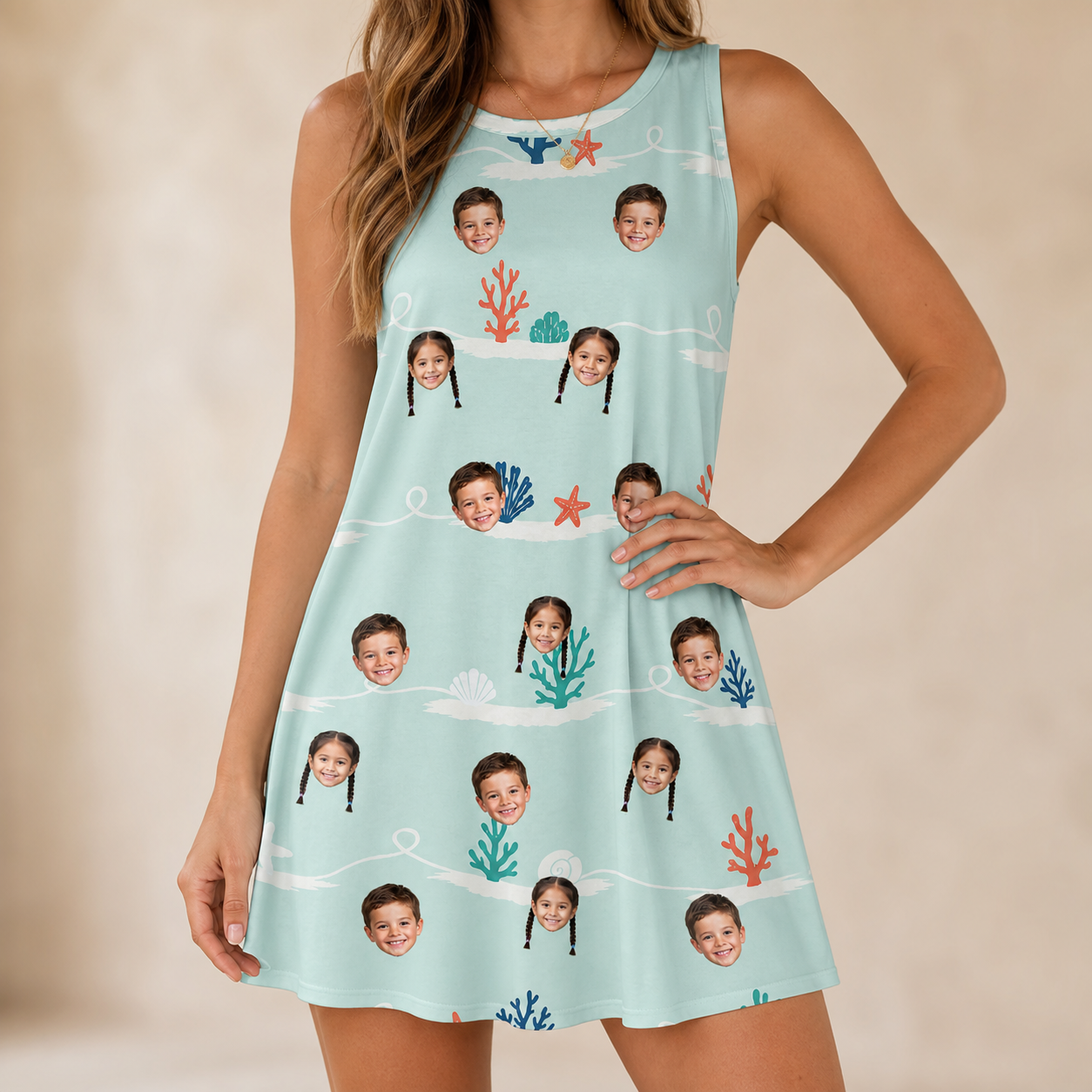 Model wearing Women's Coral Current Custom Face Tank Dress printed with kids' faces