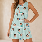 Model wearing Women's Coral Current Custom Face Tank Dress printed with kids' faces