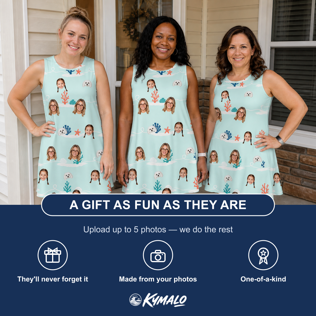 Friends in matching Women's Coral Current Custom Face Tank Dress — a group gift photo