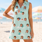 Model wearing Women's Coral Current Custom Face V-Neck Dress printed with kids' faces