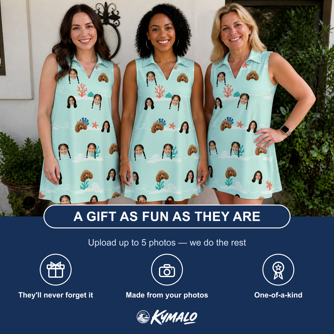 Friends in matching Women's Coral Current Custom Face V-Neck Dress — a group gift photo