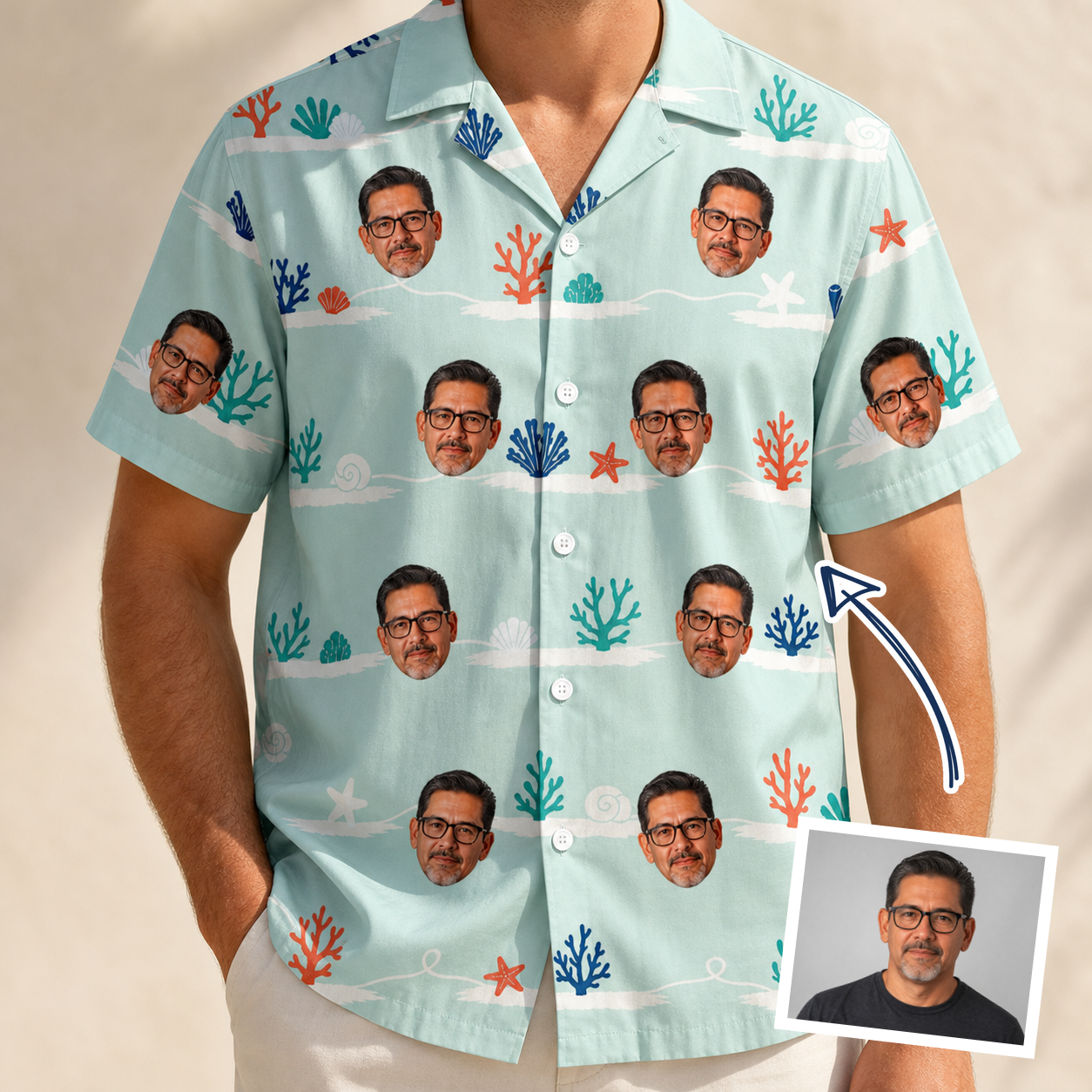 Man wearing Men's Coral Current Custom Face Hawaiian Shirt — custom faces printed all-over