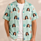 Man wearing Men's Coral Current Custom Face Hawaiian Shirt open over a white tee