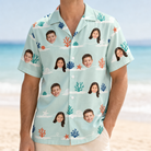 Model wearing Men's Coral Current Custom Face Hawaiian Shirt printed with kids' faces