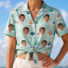 Woman wearing Women's Coral Current Custom Face Hawaiian Shirt tied at the waist