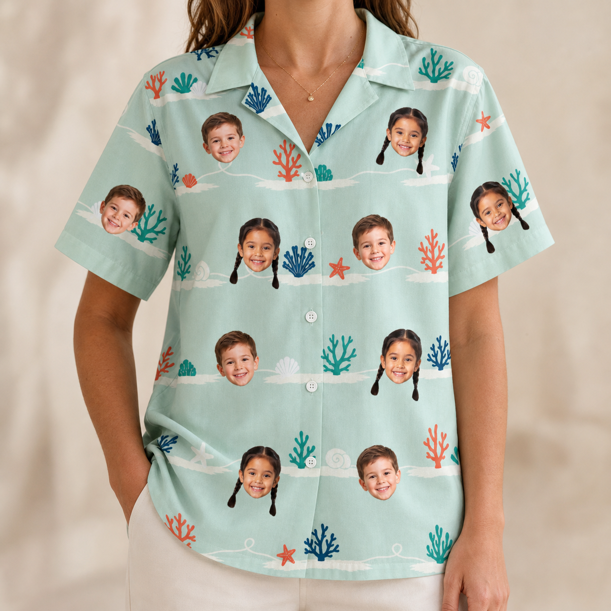 Model wearing Women's Coral Current Custom Face Hawaiian Shirt printed with kids' faces