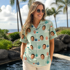 Real-life photo of someone wearing Women's Coral Current Custom Face Hawaiian Shirt — custom faces printed all-over