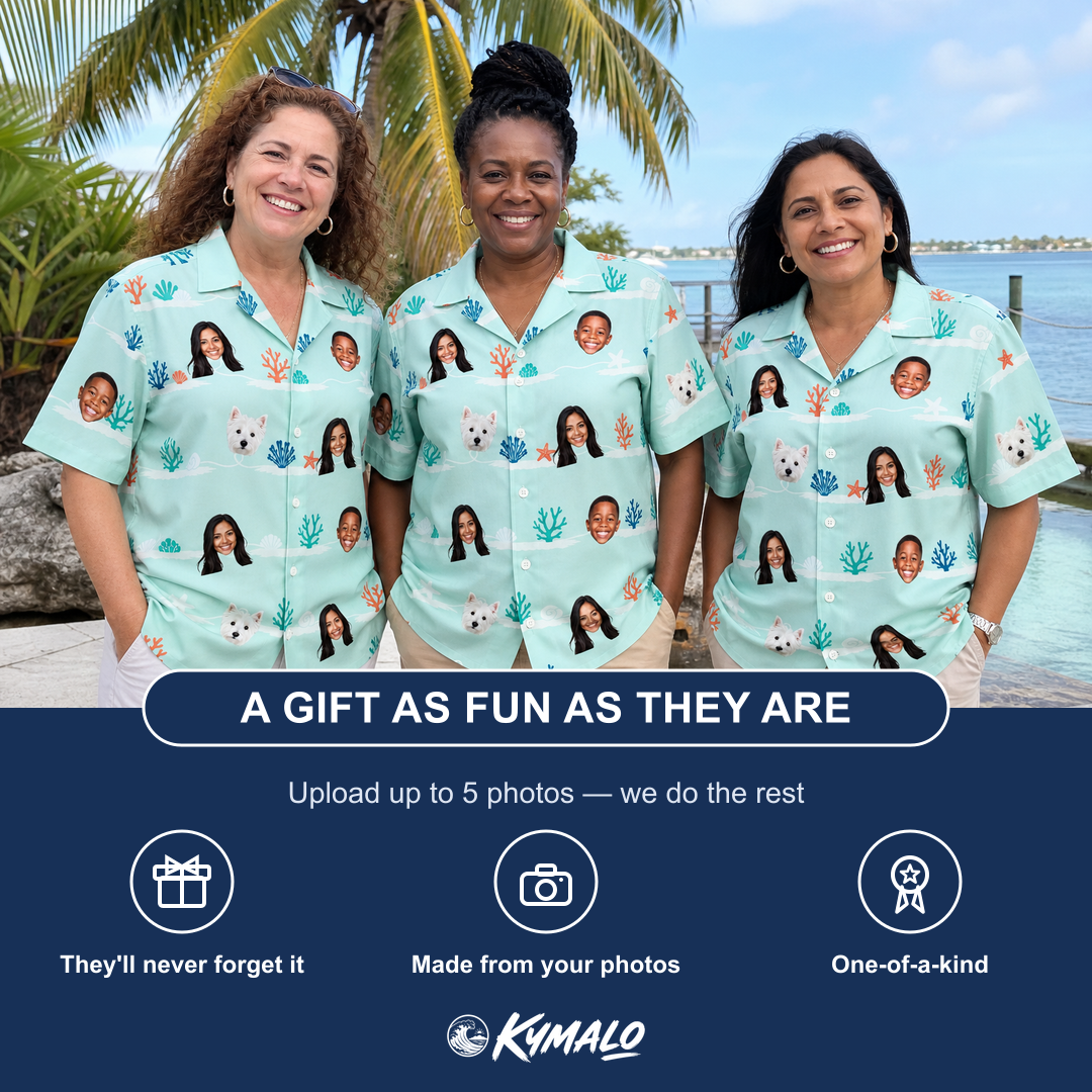 Friends in matching Women's Coral Current Custom Face Hawaiian Shirt — a group gift photo