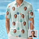 Man wearing Men's Coral Current Custom Face Polo Shirt — custom faces printed all-over