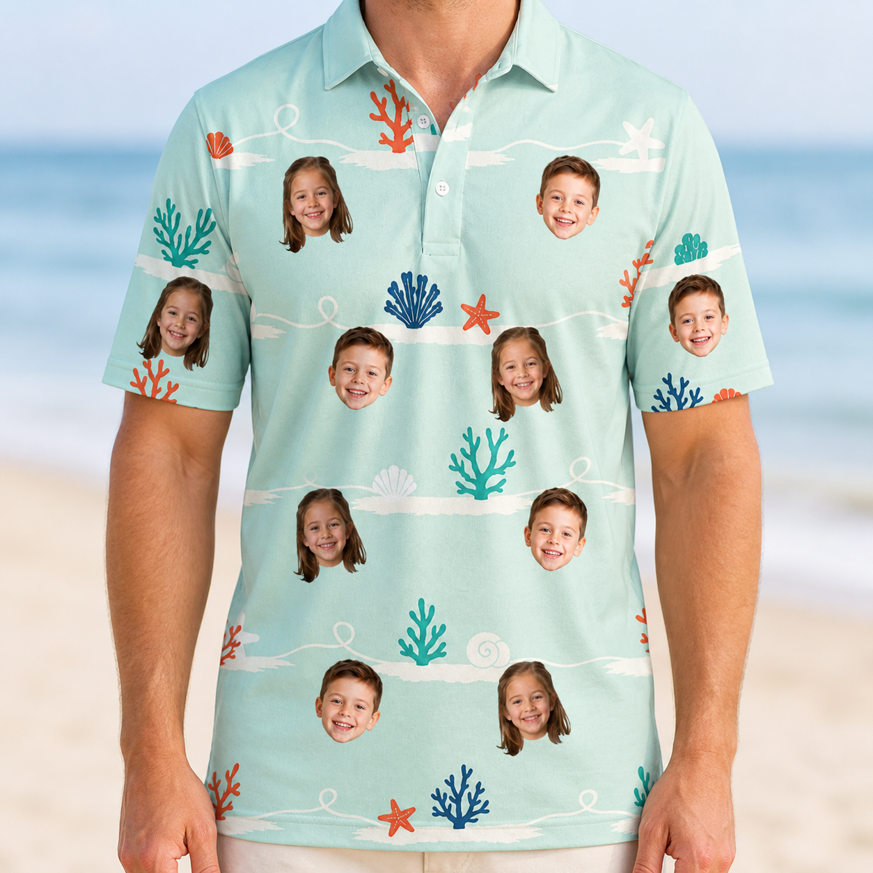 Model wearing Men's Coral Current Custom Face Polo Shirt printed with kids' faces