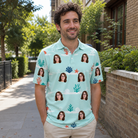 Real-life photo of someone wearing Men's Coral Current Custom Face Polo Shirt — custom faces printed all-over