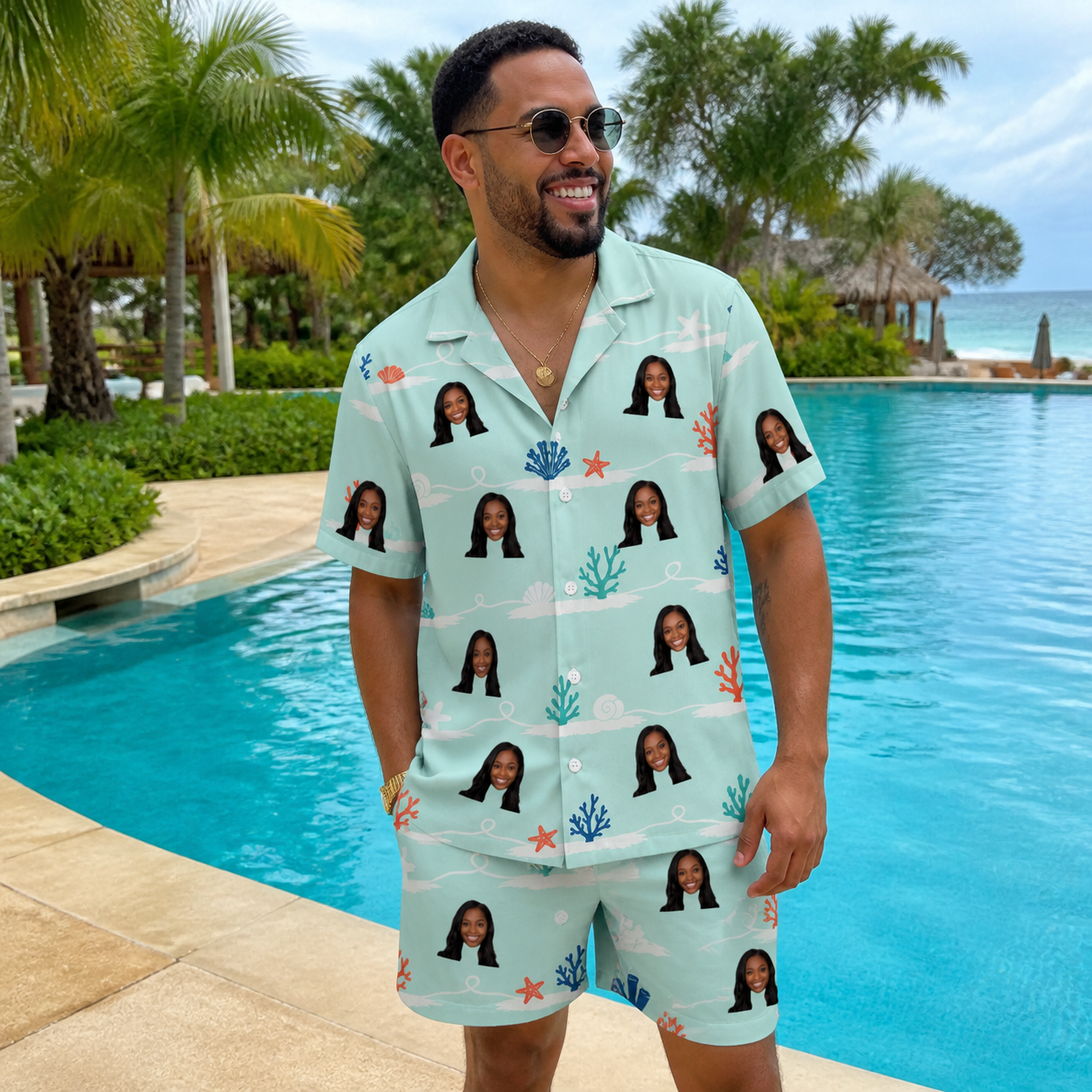 Real-life photo of someone wearing Men's Coral Current Custom Face Shirt & Shorts Set — custom faces printed all-over