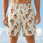 Model wearing Men's Ananas Afterglow Custom Face Beach Shorts printed with kids' faces