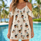 Model wearing Women's Ananas Afterglow Custom Face Off-Shoulder Dress printed with kids' faces
