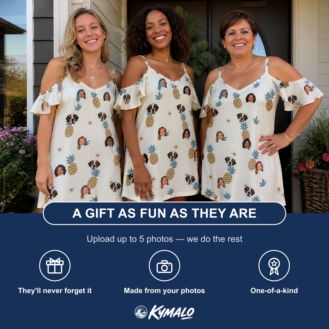 Friends in matching Women's Ananas Afterglow Custom Face Off-Shoulder Dress — a group gift photo