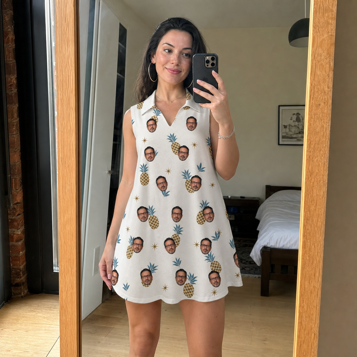 Real-life photo of someone wearing Women's Ananas Afterglow Custom Face V-Neck Dress — custom faces printed all-over