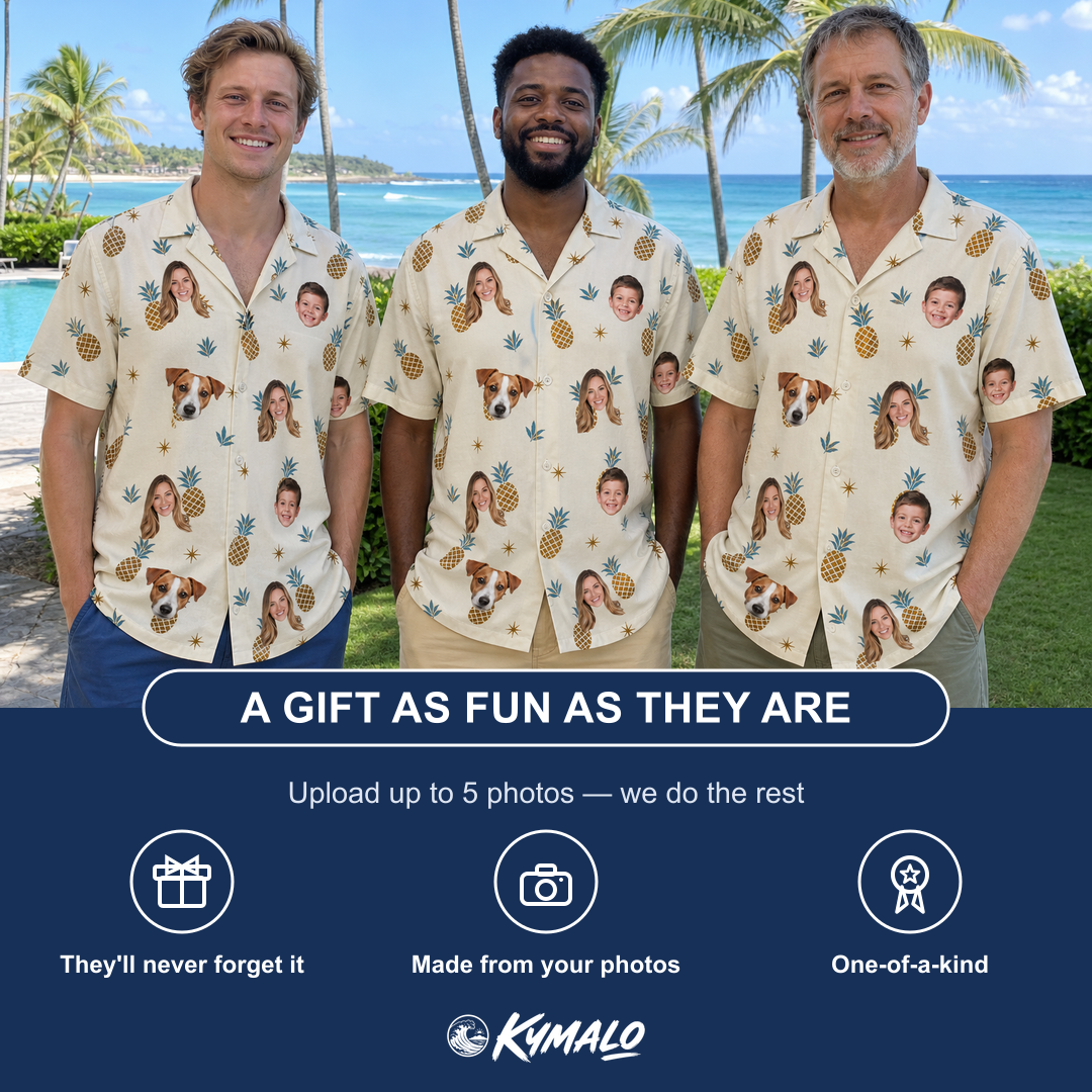 Friends in matching Men's Ananas Afterglow Custom Face Hawaiian Shirt — a group gift photo