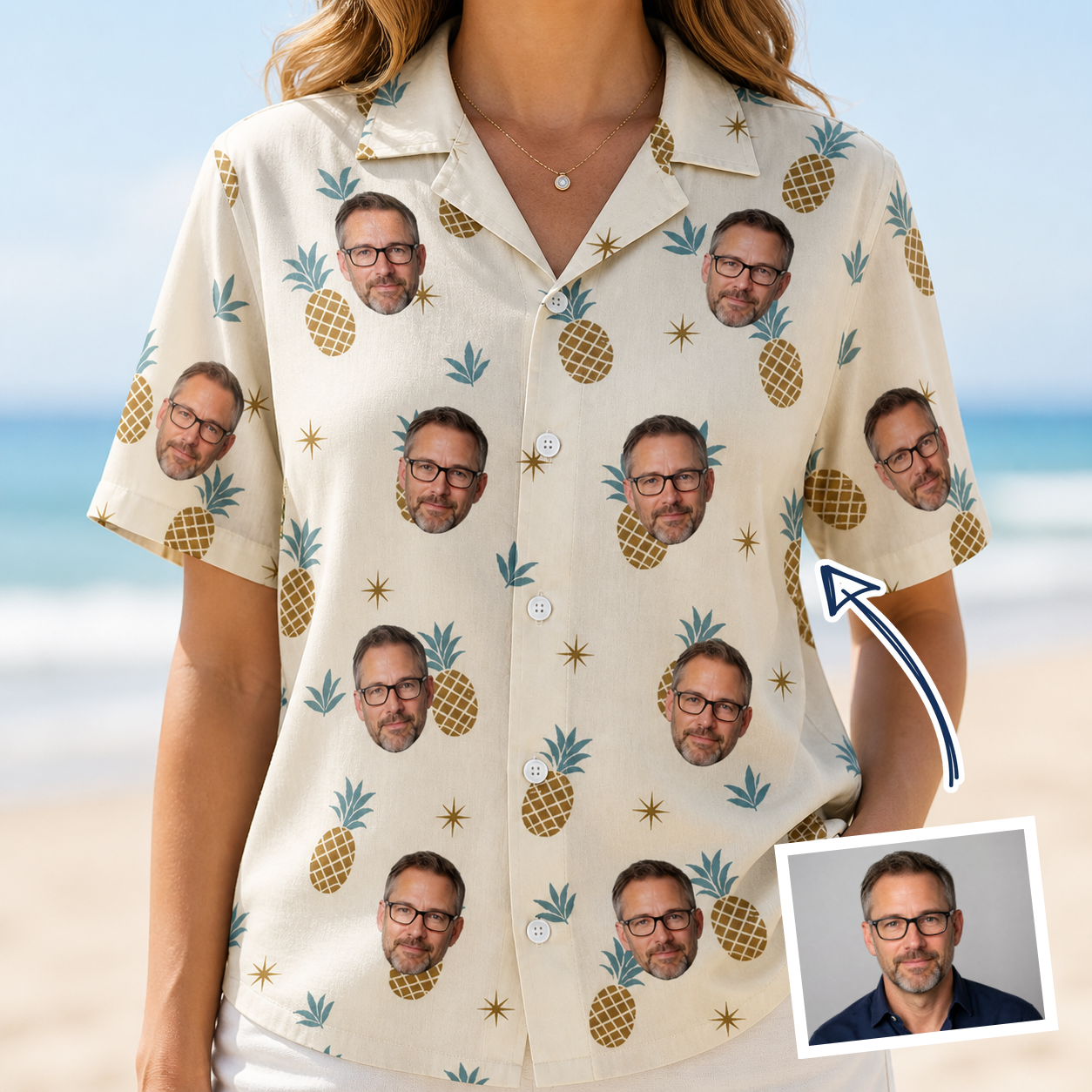 Woman wearing Women's Ananas Afterglow Custom Face Hawaiian Shirt — custom faces printed all-over