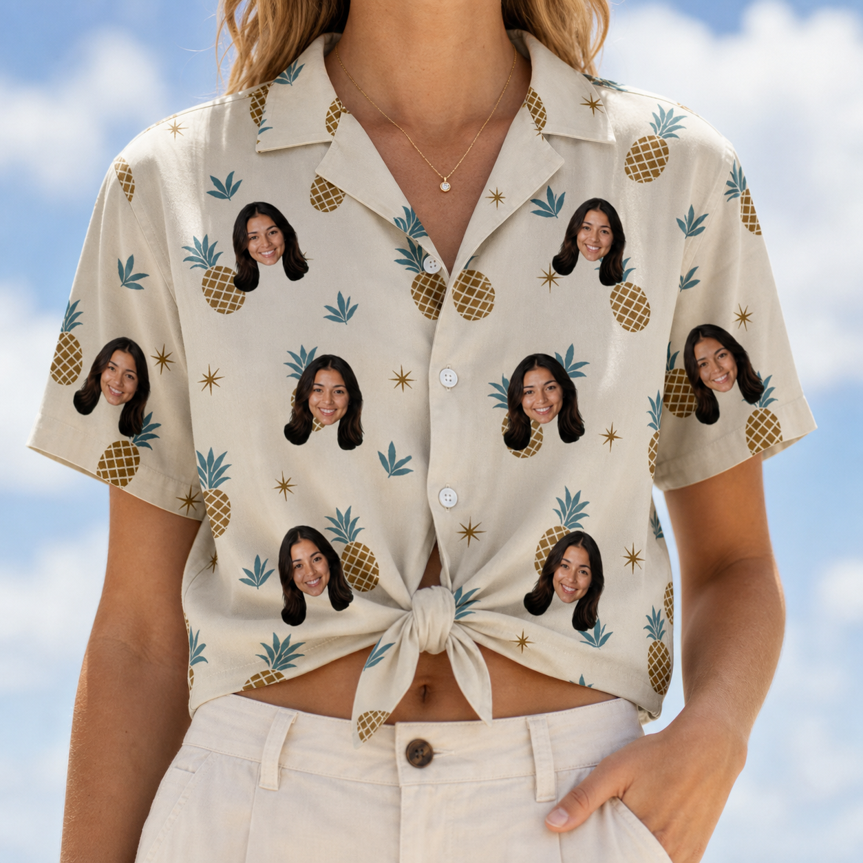 Woman wearing Women's Ananas Afterglow Custom Face Hawaiian Shirt tied at the waist