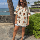 Real-life photo of someone wearing Women's Ananas Afterglow Custom Face Hawaiian Shirt — custom faces printed all-over