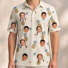 Model wearing Men's Ananas Afterglow Custom Face Polo Shirt printed with kids' faces