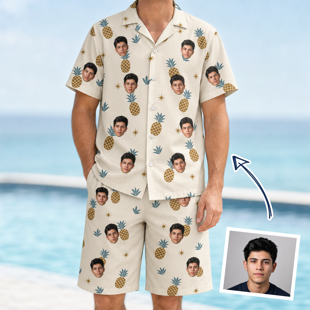 Man wearing Men's Ananas Afterglow Custom Face Shirt & Shorts Set — custom faces printed all-over