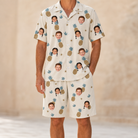 Model wearing Men's Ananas Afterglow Custom Face Shirt & Shorts Set printed with kids' faces