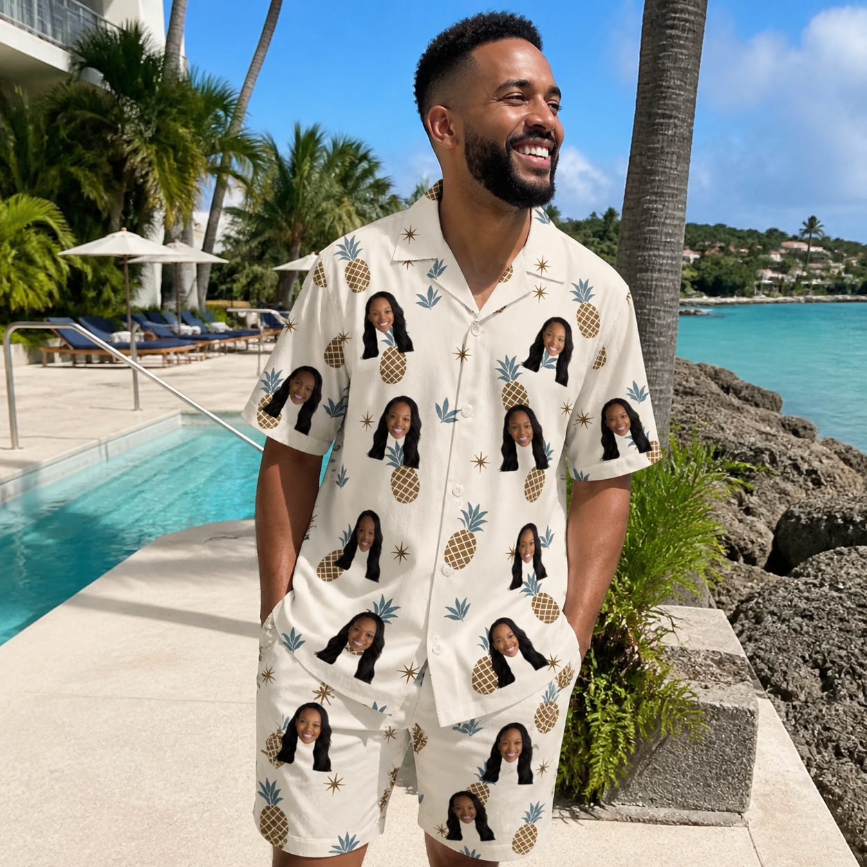 Real-life photo of someone wearing Men's Ananas Afterglow Custom Face Shirt & Shorts Set — custom faces printed all-over