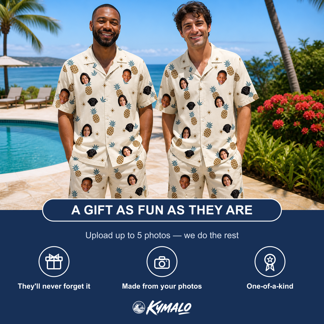 Friends in matching Men's Ananas Afterglow Custom Face Shirt & Shorts Set — a group gift photo