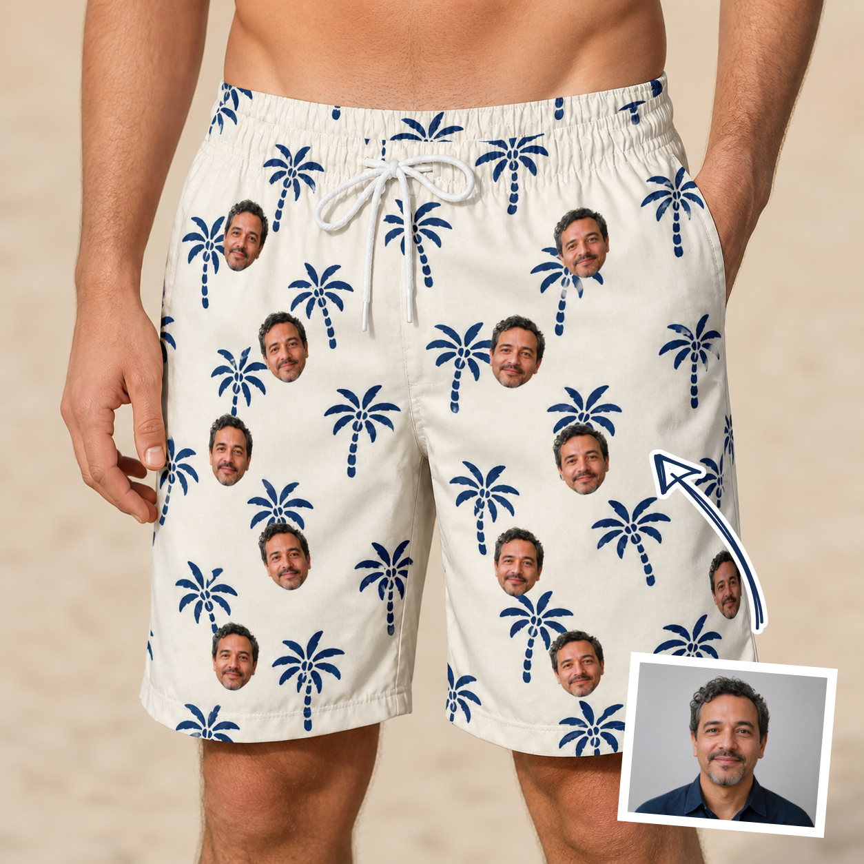 Man wearing Men's Technicolor Tropics Custom Face Beach Shorts — custom faces printed all-over