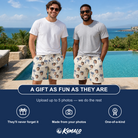 Friends in matching Men's Technicolor Tropics Custom Face Beach Shorts — a group gift photo