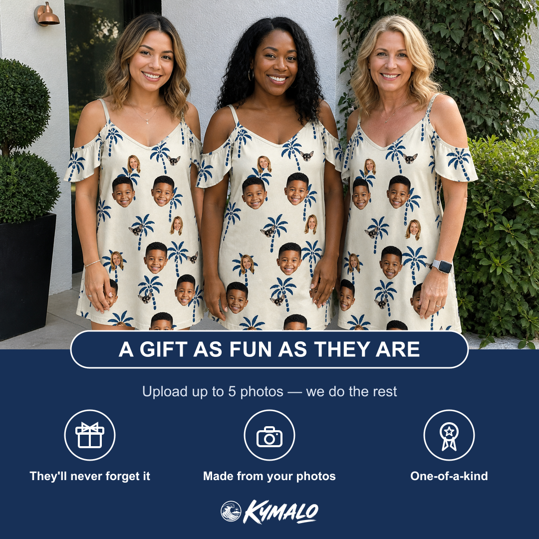 Friends in matching Women's Technicolor Tropics Custom Face Off-Shoulder Dress — a group gift photo